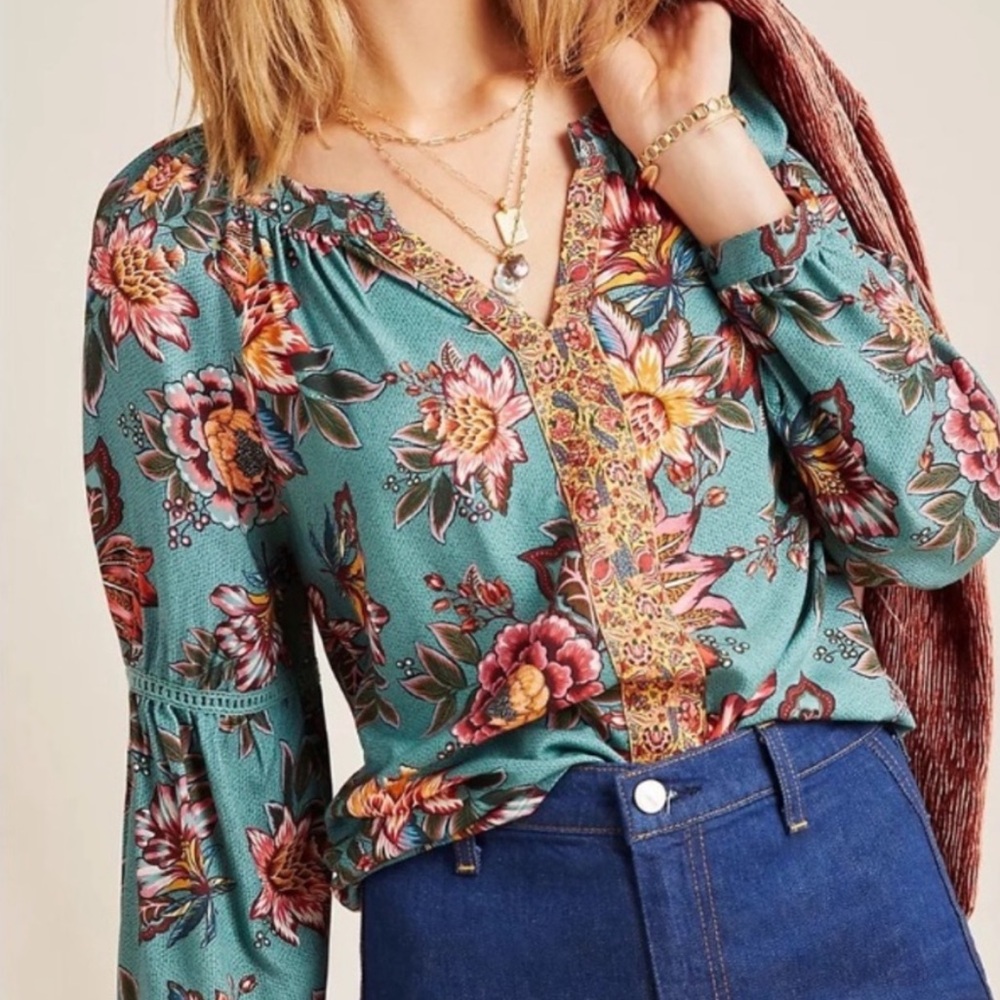 Farm Rio Anthropologie Paola Floral Peasant Blouse Size XS